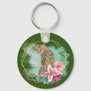 Porte-clés Aquarelle Léopard et Cadre Tropical