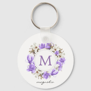 Porte-clés Aquarelle Magnolia pourpre Monogramme de couronne