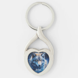 Porte-clés Aquarelle moderne bleu loup d'hiver