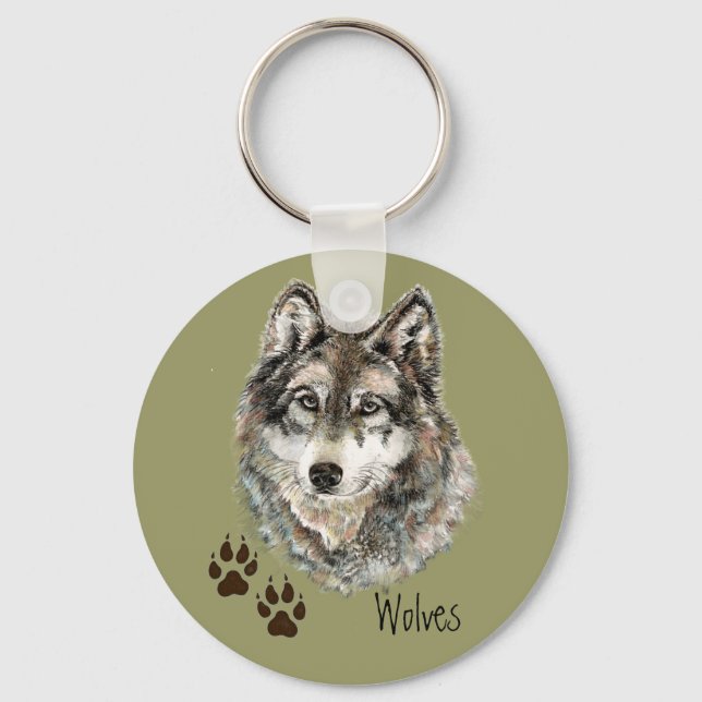 Porte-clés Aquarelle originale Loup gris - Traces animal (Recto)