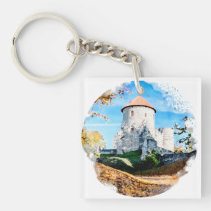 Porte-clés Aquarelle peinture du château médiéval en automne