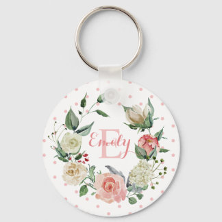 Porte-clés Aquarelle personnalisée Monogramme floral Rose ros
