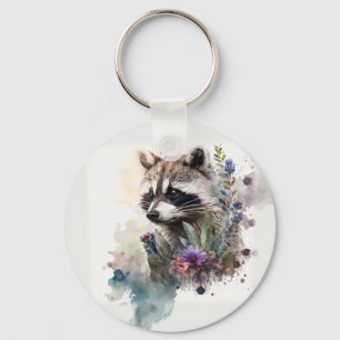 Porte-clés Aquarelle Raton Laveur Mignon Fleurs de Printemps