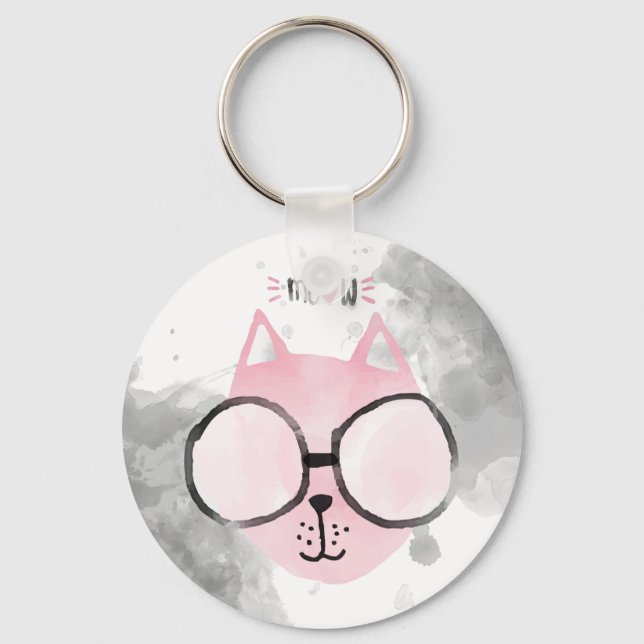 Porte-clés Aquarelle rose chat cool Meow (Recto)