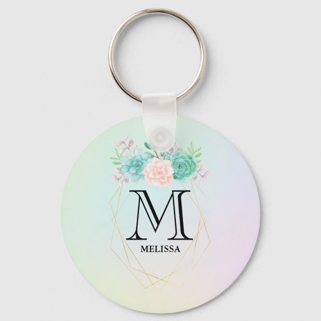 Porte-clés Aquarelle rose et vert moderne Succulents Monogram (Recto)