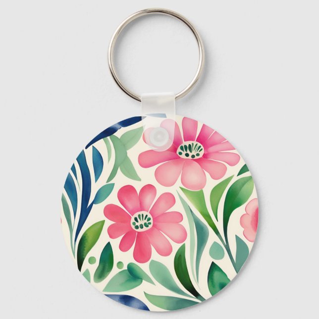 Porte-clés Aquarelle rose Fleurs Art (Recto)