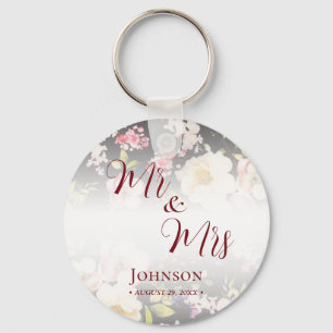 Porte-clés Aquarelle rose Roses jaunes, noir flou, Mariage