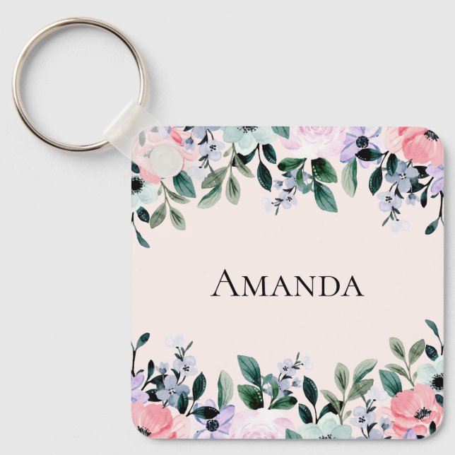 Porte-clés Aquarelle rose violet et verte (Recto)