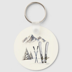 Porte-clés Aquarelle rustique Ski neige montagne hiver