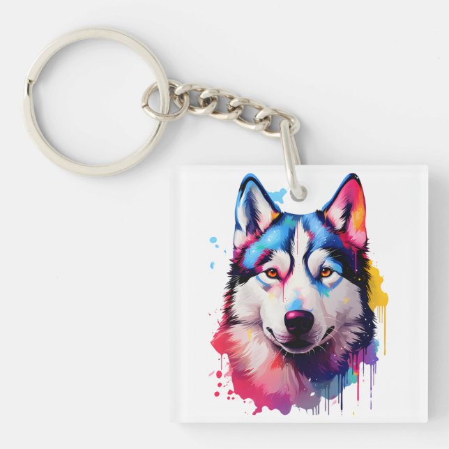 Porte-clés Aquarelle Sibérienne Husky Art coloré (Devant)