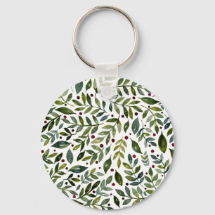 Porte-clés Aquarelle verte branches saisonnières et baies