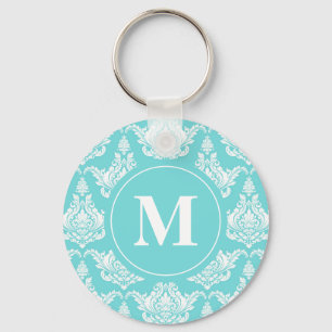Porte-clés Aquarelle vintage Turquoise Damask Monogramme