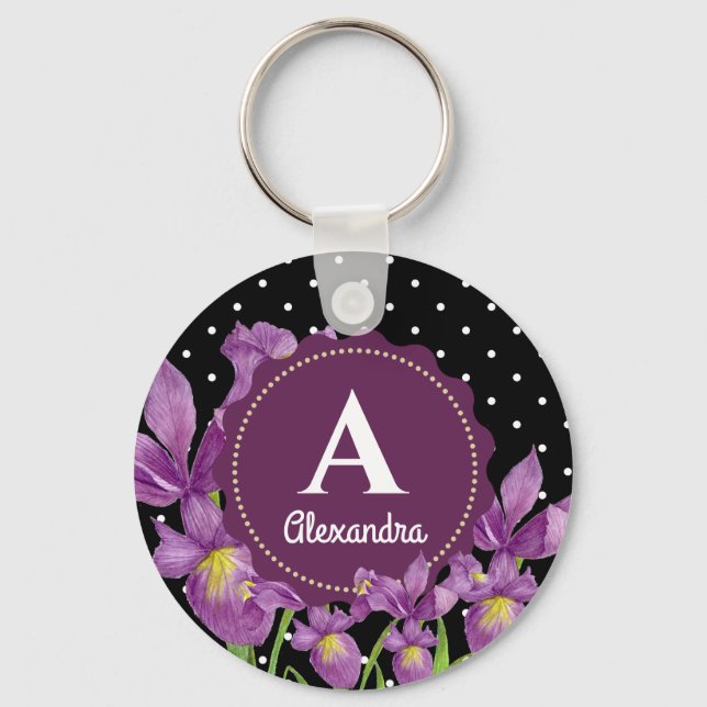 Porte-clés Aquarelle violet Iris Pois botaniques (Recto)