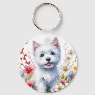 Porte-clés Aquarelle Westie sur une journée ensoleillée -