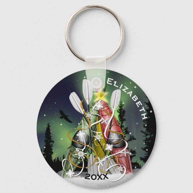 Porte-clés Arbre de Noël Kayak sous Aurora Borealis (Recto)