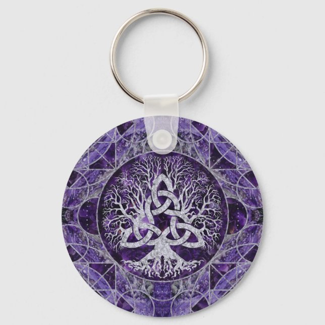 Porte-clés Arbre de vie avec Triquetra Amethyst et argent (Recto)