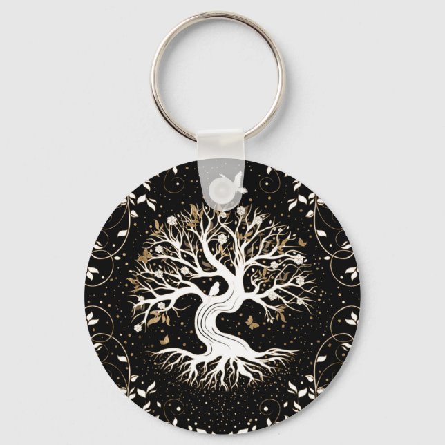 Porte-clés Arbre de vie - Yggdrasil - noir blanc et or (Recto)