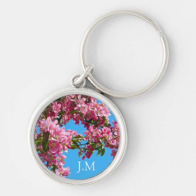 Porte-clés Arbre rose fleuri et Initiales Ciel bleu (Devant)