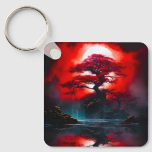 Porte-clés Arbre rouge mystique sous pleine lune