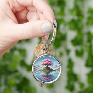 Porte-clés Arbre Sakora au milieu d'un lac.montagnes