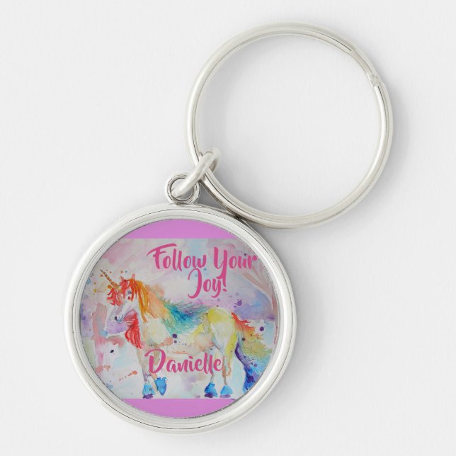 Porte-clés Arc-en-ciel Unicorne Aquarelle rose anneau de clé (Devant)