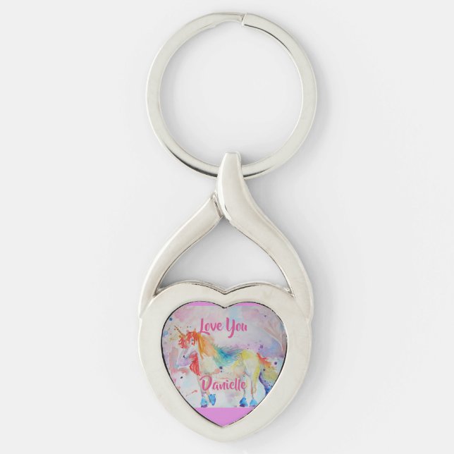 Porte-clés Arc-en-ciel Unicorne Aquarelle Rose Coeur Clé Bagu (Devant)