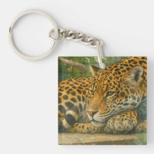 Porte-clés Ardoise dorée - Leopard reposant en feuillage