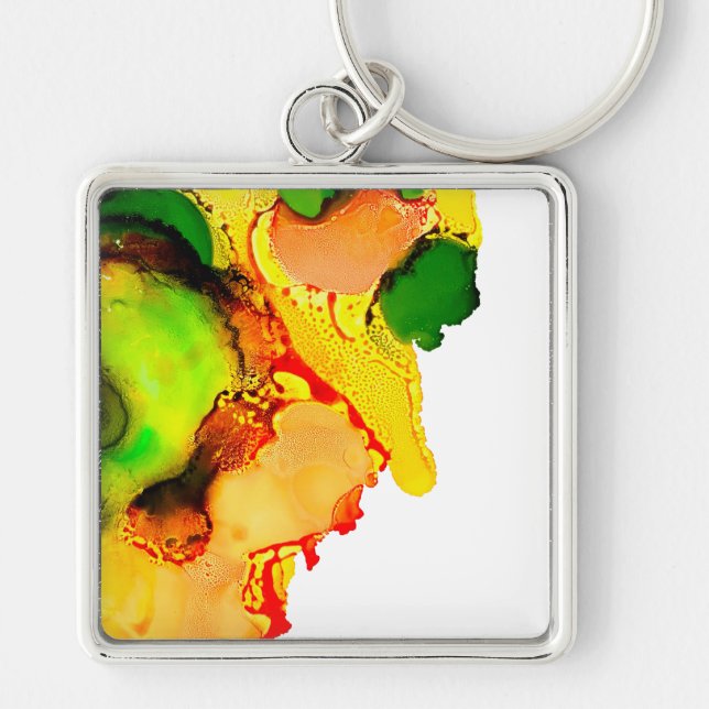 Porte-clés art Abstrait alcool encre jaune vert (Devant)