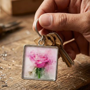 Porte-clés Art aquarelle de rose rose sur fond blanc