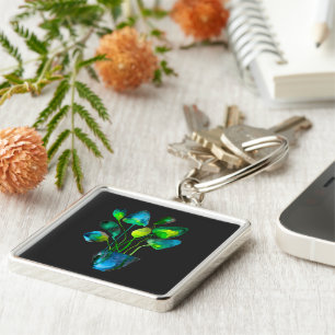 Porte-clés Art de plante à l'aquarelle vert et bleu abstrait