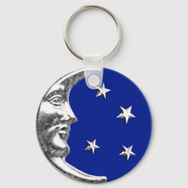 Porte-clés Art Déco Lune et Etoiles - Bleu Cobalt et Argent (Recto)
