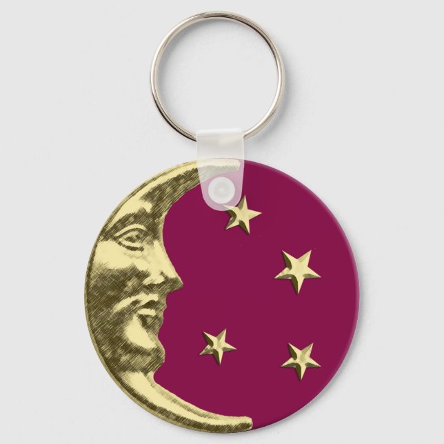 Porte-clés Art Déco Lune et Etoiles - Bourgogne et or (Recto)
