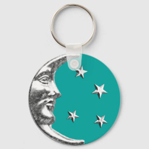 Porte-clés Art Déco Lune et Etoiles - Turquoise & Argent