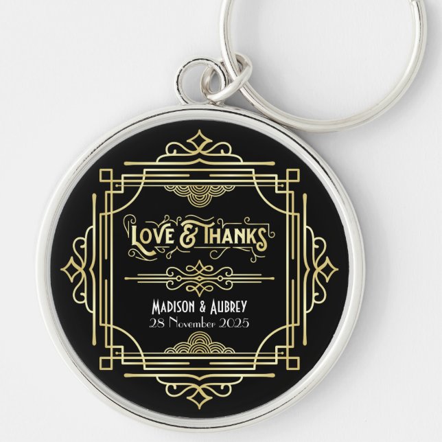 Porte-clés Art Déco Mariage Amour & Merci Gold Black Faveur (Devant)