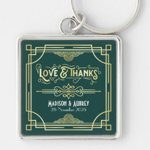 Porte-clés Art Déco Mariage Love & Merci Gold Green Faveur
