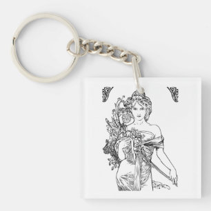 Porte-clés Art nouveau Alphonse Mucha femme avec fleurs