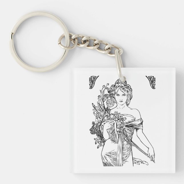 Porte-clés Art nouveau Alphonse Mucha femme avec fleurs (Devant)
