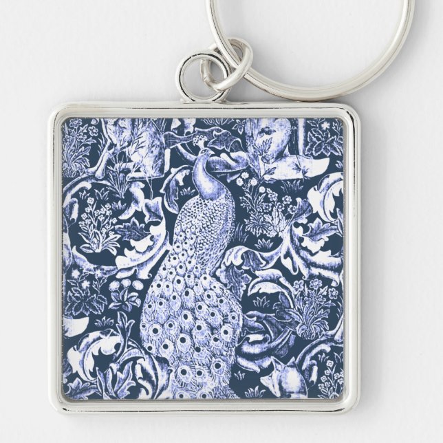 Porte-clés Art Nouveau Peacock Print, Navy et White (Devant)