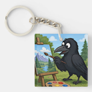 Porte-clés Artiste amusant corbeau peignant un paysage artist