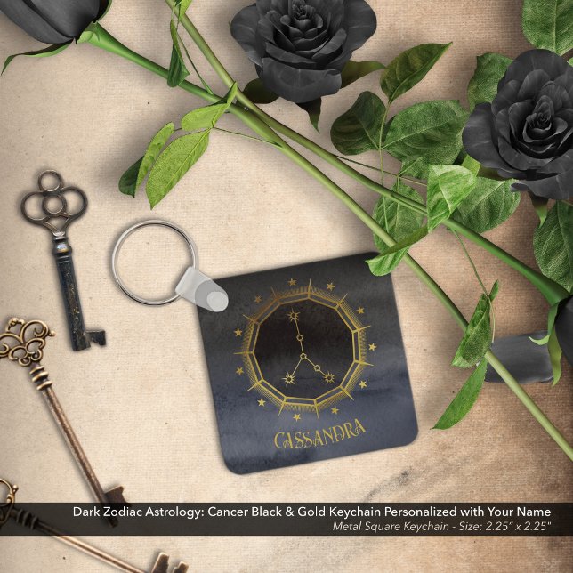 Porte-clés Astrologie du zodiaque foncé : Cancer Black Gold N (Dark Zodiac Astrology: Cancer Black & Gold Keychain Personalized with Your Name)