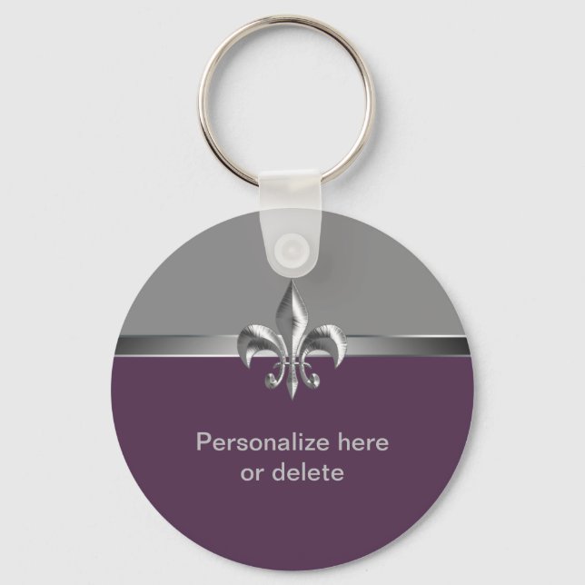 Porte-clés Aubergine d'argent personnalisée Fleur de Lis (Recto)