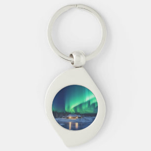 Porte-clés Aurora borealis au-dessus du cabine d'hiver