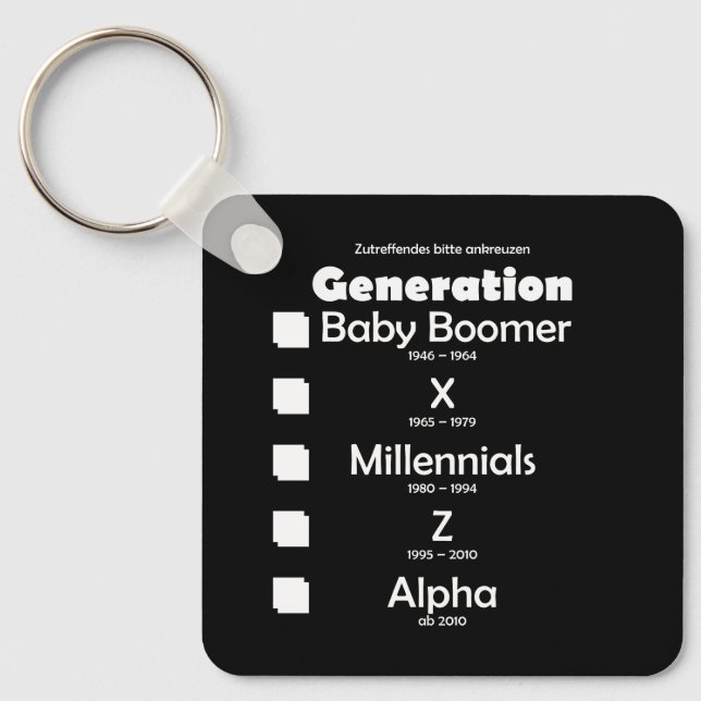 Porte-clés Baby Boomer, X, Y, Millénium, Z, Al (Recto)