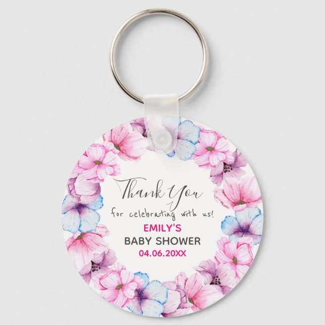 Porte-clés Baby shower de Merci de  rose fleuri (Recto)