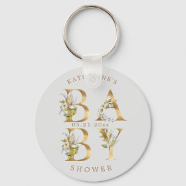 Porte-clés baby shower monogramme or fleuri