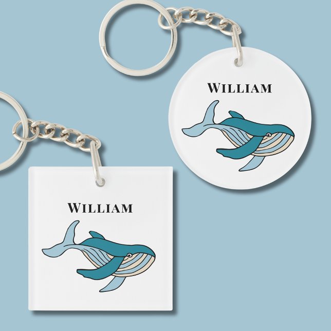 Porte-clés Baleine océanique enfants (Blue ocean whale nautical keychain with kids name. Great for school bags and house keys.)
