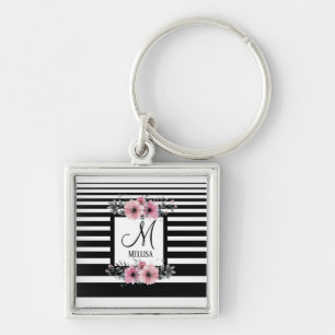 Porte-clés Bandes noires et blanches Monogramme floral rose