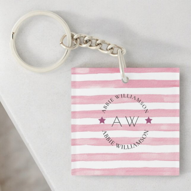 Porte-clés Bandes roses personnalisées et élégantes (pink stripy monogram personalized keychain )