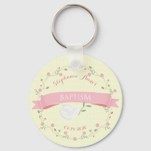 Porte-clés Baptême couronne rose florale