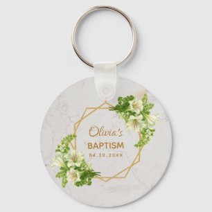 Porte-clés Baptême Floral Géométrique Blanc Lys Marbre Or